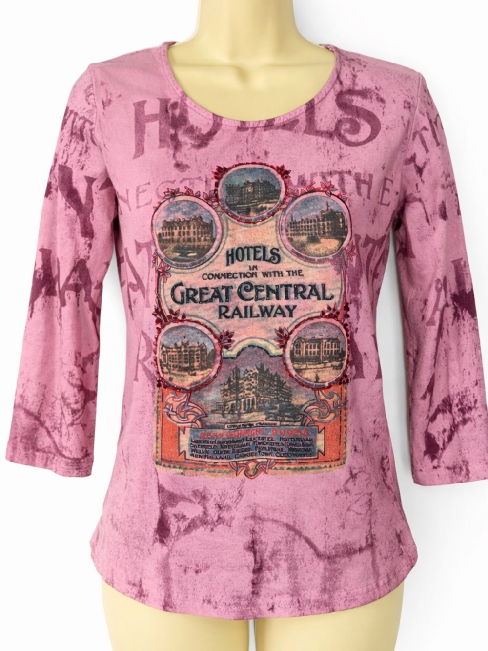 Papa Y2K Graphic Beaded Top Pink Tie Dye 3/4 Sleeve Indie Grunge small